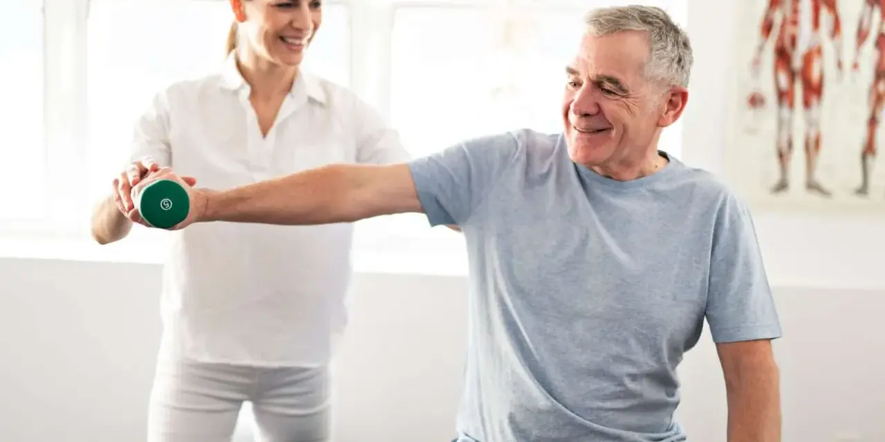 Mann hebt Hantel unter Anleitung einer Therapeutin. Physiotherapie nach Bobath hilft bei der Rehabilitation.