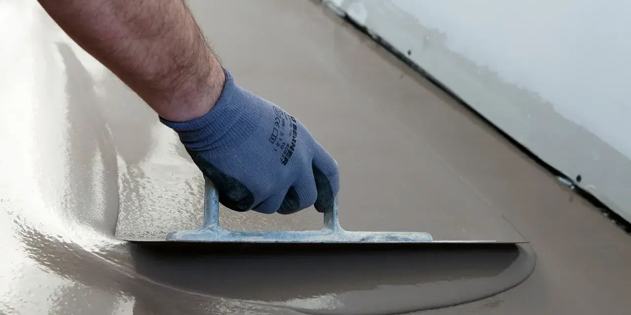 Hand med handske spacklar betonggolv med en bred spackel.