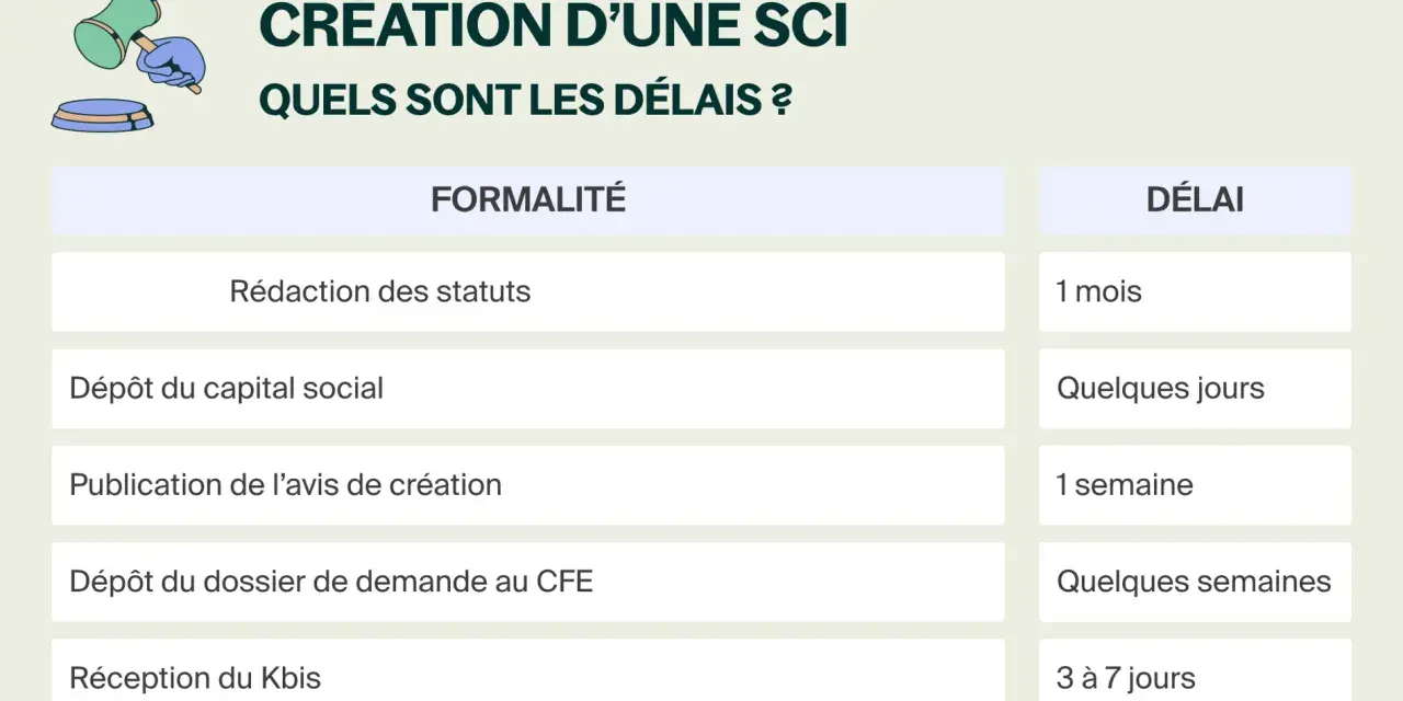 Tableau détaillant les étapes et les délais pour la création d'une SCI. Savoir combien de temps pour créer une SCI est essentiel.