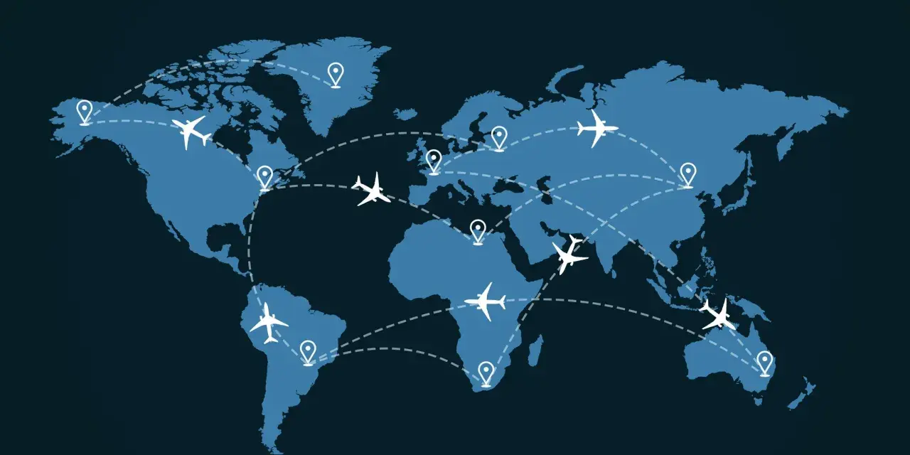 World map with flight paths connecting continents. Discover the best time to book international flights to Europe for your next adventure.
