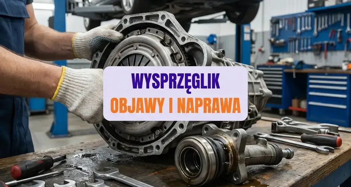 Mechanik trzyma skrzynię biegów, na stole leżą klucze. Widoczny wysprzęglik centralny, objawy i naprawa.