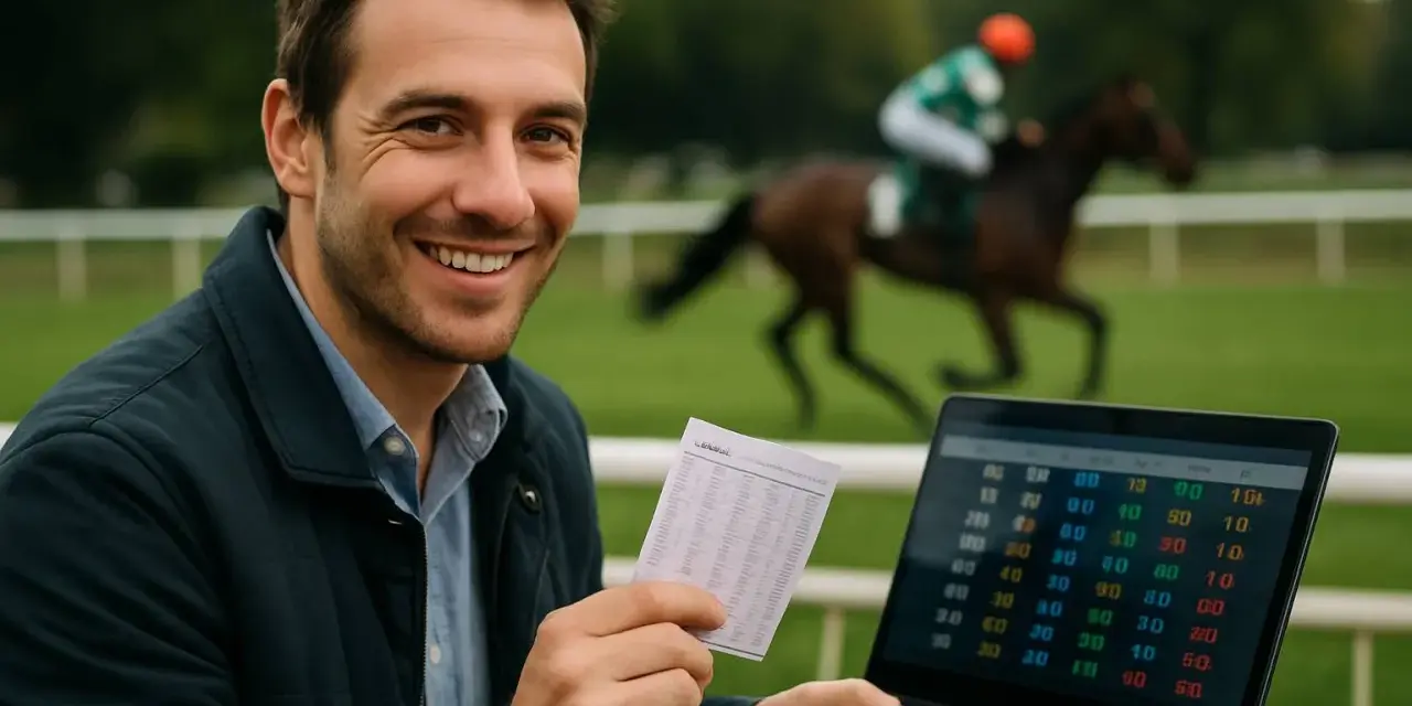 Homme souriant avec un ticket de pari et un ordinateur portable, regardant les cotes cheval en arrière-plan d'une course.