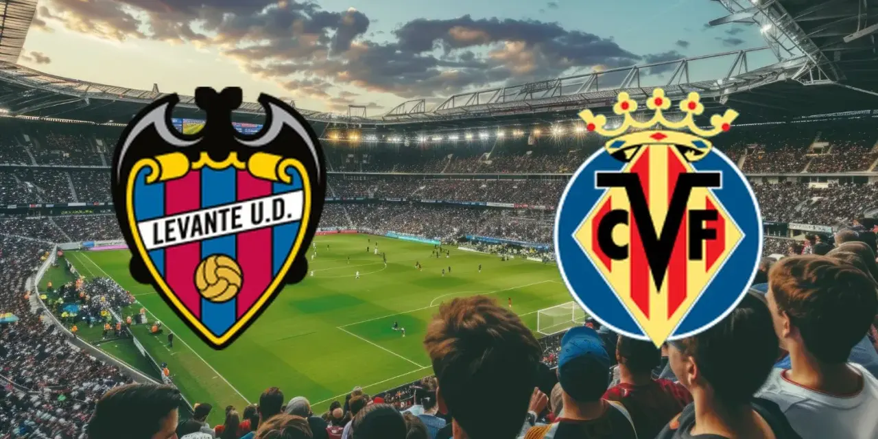 Emblematy Levante i Villarreal na tle stadionu pełnego kibiców. Zapowiada się emocjonujący mecz!