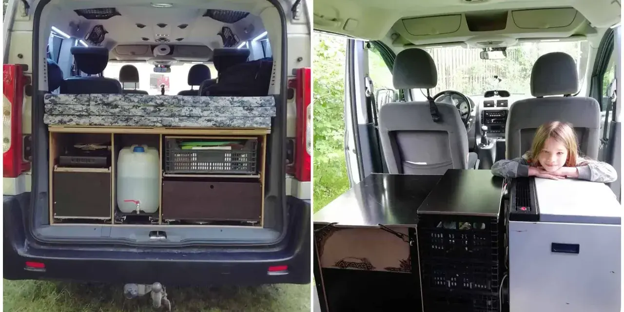 Wnętrze kampera Citroen z łóżkiem, kuchenką, zbiornikiem wody i lodówką. Dziewczynka odpoczywa przy lodówce.
