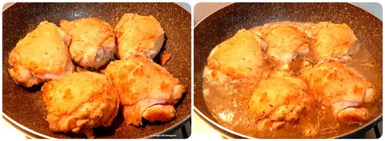 Cosce di pollo dorate in padella, pronte per essere cotte nel liquido per un saporito pollo alla birra.