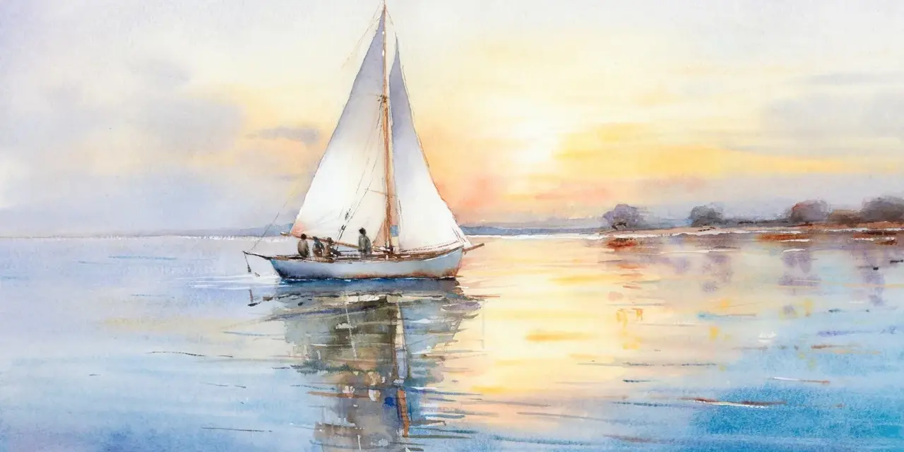 Aquarelle d'un bateau à voile au coucher du soleil. Une scène paisible, facile à reproduire pour les amateurs d'aquarelle.