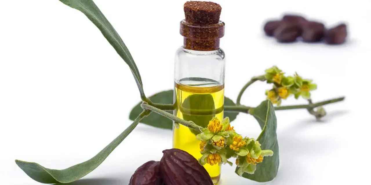 Butelka z płynnym złotem - czysty olej jojoba na włosy, obok gałązka z kwiatami i owocami.