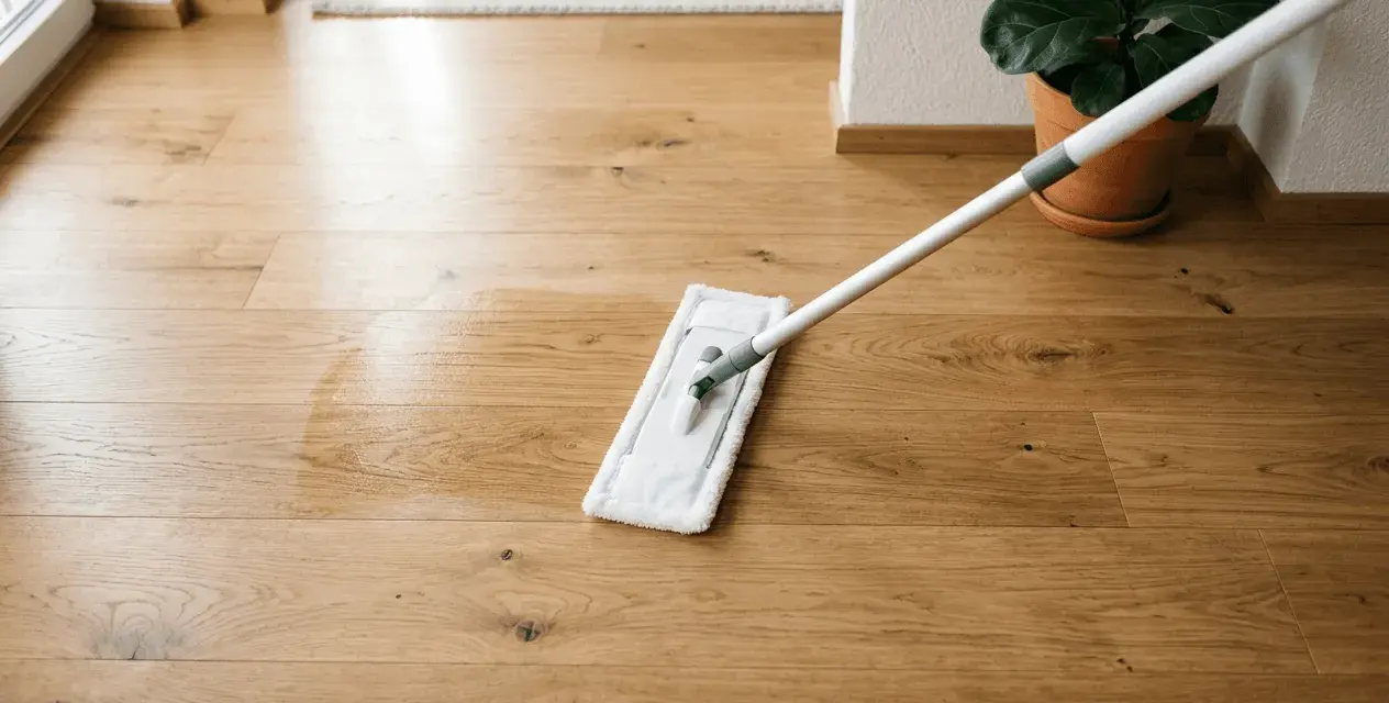 Ein Wischmopp reinigt einen glänzenden Holzboden. Das Laminat erstrahlt nach der Reinigung.