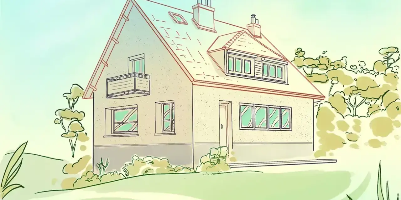 Un dibujo de una casa con balcón, rodeada de árboles y vegetación, bajo un cielo claro.
