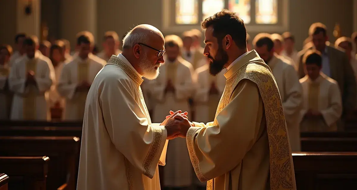 Dwóch kapłanów w szatach liturgicznych trzyma się za ręce w kościele, w tle inni duchowni.