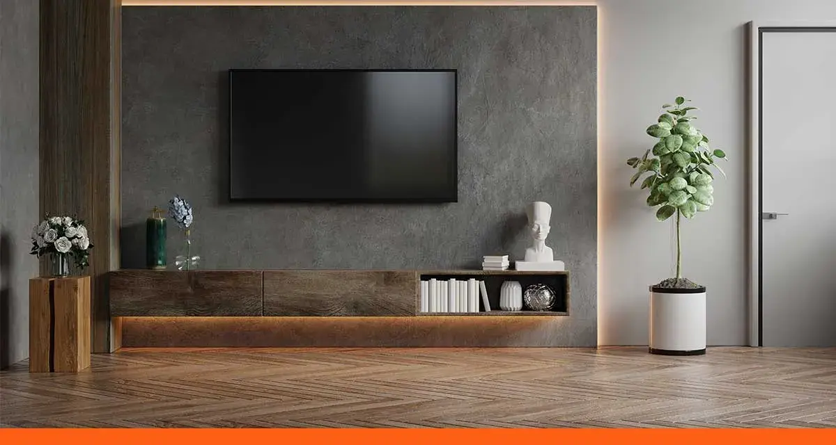 Un salon moderne avec une TV fixée au mur sans voir les fils. Un meuble bas en bois, des livres et une plante verte complètent la décoration.
