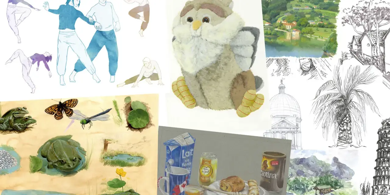 Un livre de dessin présente des aquarelles de danseurs, de grenouilles, d'un hibou en peluche, d'un paysage, d'une maison dans un arbre, d'une palme, d'une coupole et de la tour de Pise.