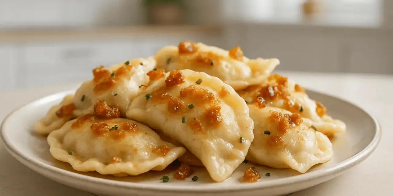 Pyszne pierogi ruskie z ziemniakami i serem, polane skwarkami i szczypiorkiem, na talerzu.