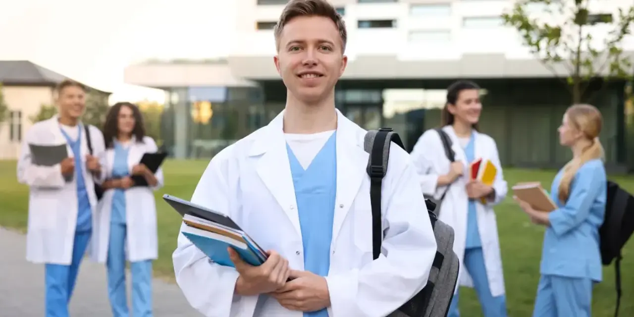 Uśmiechnięty student medycyny z książkami, gotowy na wyzwania studiów psychologicznych. Wymagania są wysokie, ale cel jest jasny.
