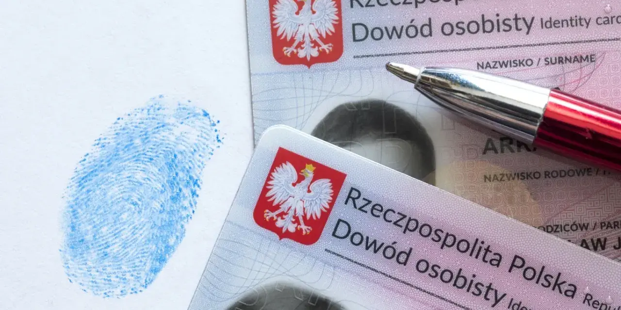 Dwa polskie dowody osobiste, niebieski odcisk palca i czerwone pióro. Dokumenty są kluczowe w procesie uzyskania serii dowodu osobistego.