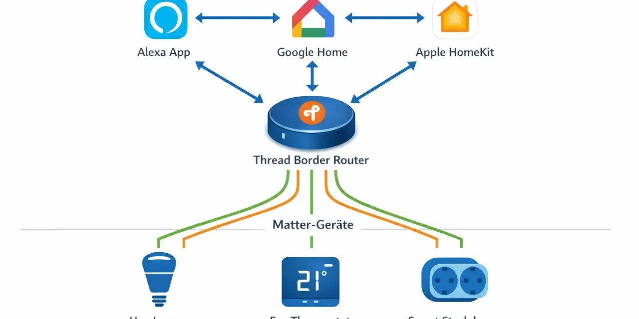 Schema zeigt, wie Alexa App, Google Home und Apple HomeKit mit einem Thread Border Router verbunden sind, der Matter-Geräte wie Hue Lampe, Eve Thermostat und Smart Steckdose steuert.