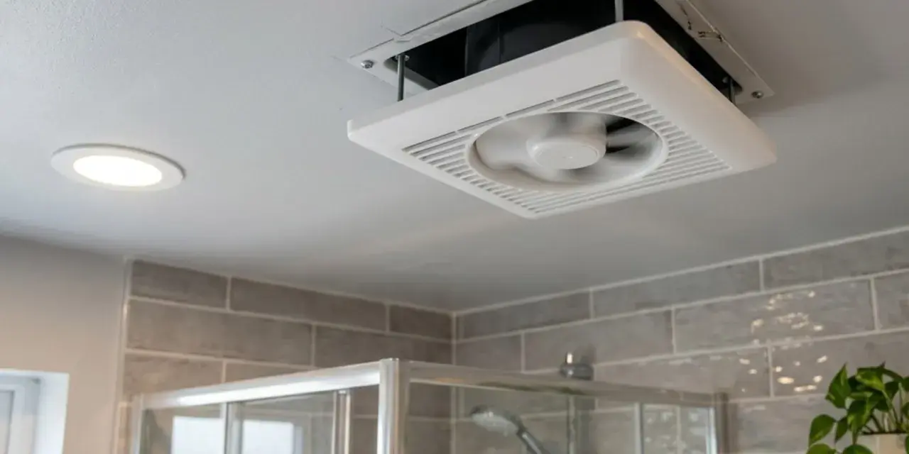 Extractor de baño siempre encendido, ventilando el espacio sobre la ducha. Una luz empotrada ilumina el techo.