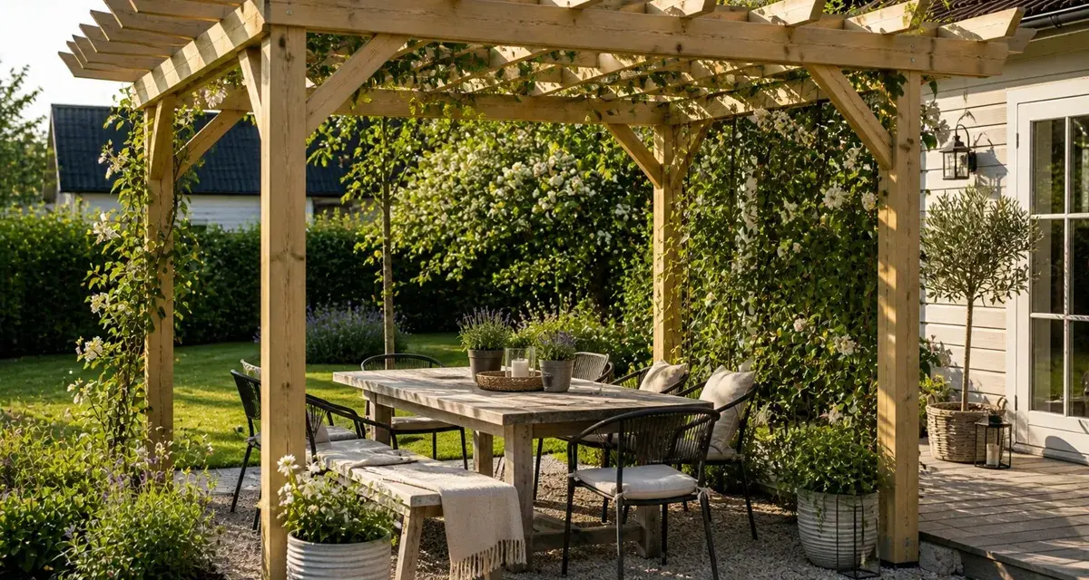 En vacker träpergola inbjuder till avkoppling. Ett runt bord med stolar och en bänk står redo för middagar utomhus.