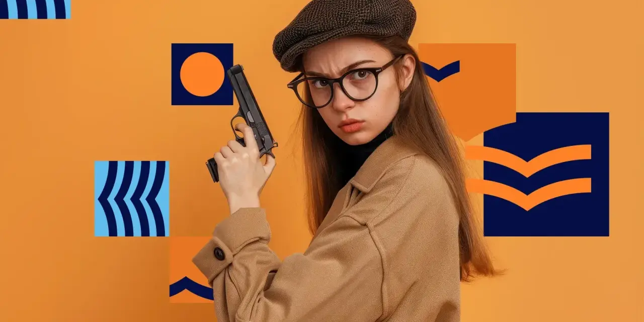 Dziewczyna w kaszkiecie i okularach trzyma pistolet. Może to symbolizować jej zainteresowanie kryminalistyka studia wymagania.