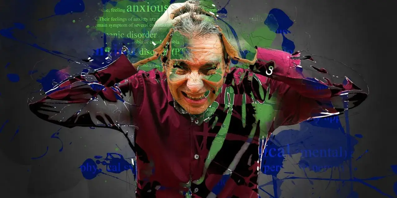 Un homme se tient la tête, l'air angoissé. Des éclaboussures vertes et bleues recouvrent l'image, évoquant le chaos mental. Le texte "anxious" et "panic disorder" apparaît, suggérant qu'il souffre peut-être d'acouphènes.