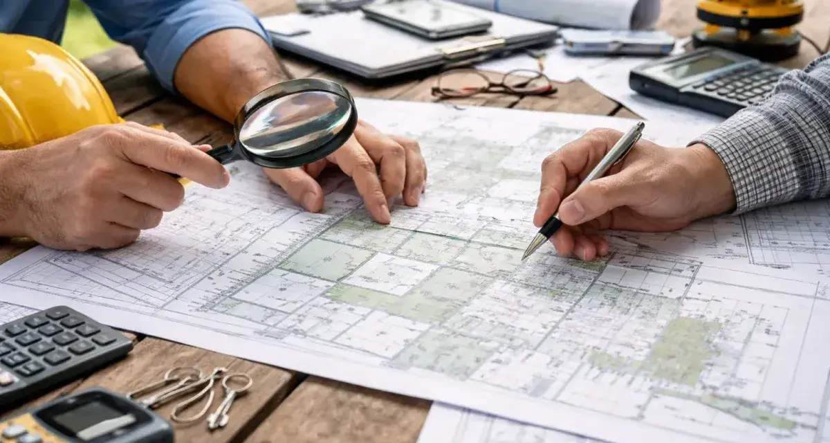 Dwóch mężczyzn analizuje mapę terenową, która przypomina dokumentację **ewidencji gruntów i budynków**. Na stole leżą kalkulator, lupa i przybory geodezyjne.