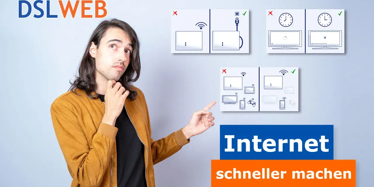 Mann erklärt, wie man das Internet schneller machen kann, indem man Geräte richtig verbindet und überlastete WLAN-Netzwerke vermeidet.