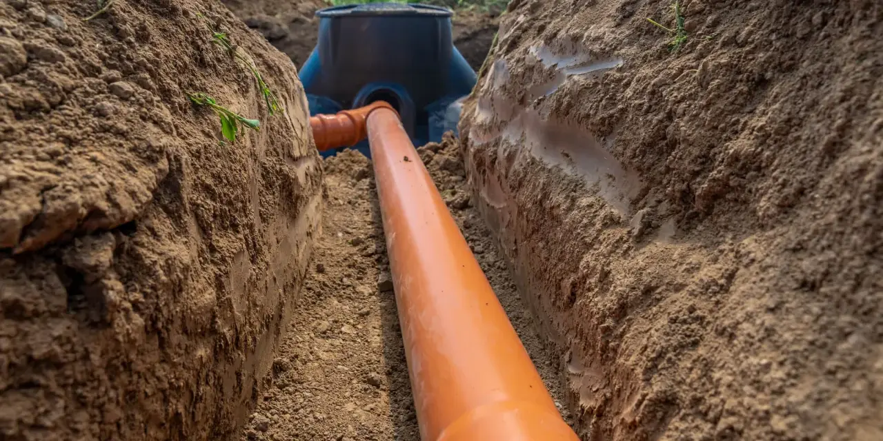 Pomarańczowa rura kanalizacyjna prowadzi do czarnego zbiornika. Trwa podłączenie do istniejącego przyłącza w wykopie.