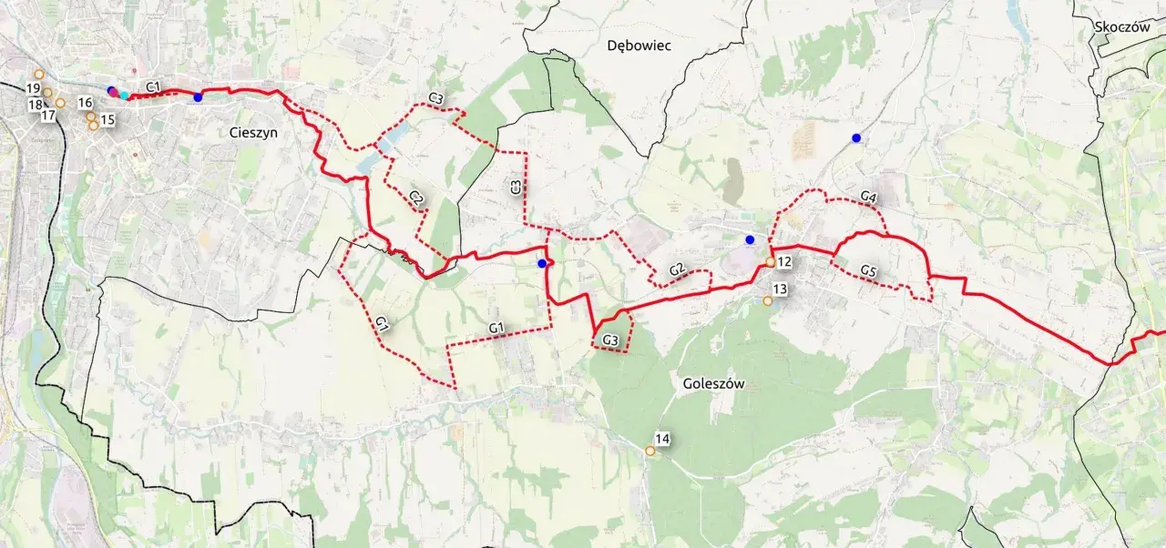 Mapa z zaznaczoną trasą rowerową w okolicach Cieszyna i Goleszowa. Widoczne punkty orientacyjne i oznaczenia szlaków, np. C1, G1.