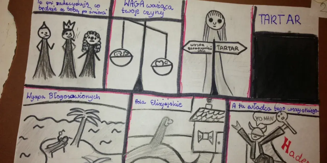 Komiks o Syzyfie: Sąd, waga czynów, rozdroża do Tartaru, Wyspa Błogosławionych, Pola Elizejskie i Hades.