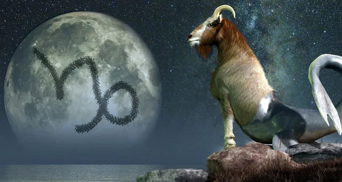 Mitologiczna koza z rybim ogonem, symbolizująca ascendent w koziorożcu, patrzy na księżyc z jego znakiem.