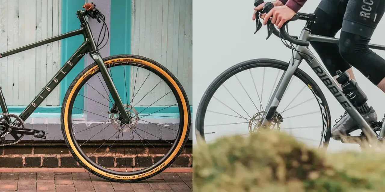 Left: a dark green commuter bike with tan tires. Right: a grey hybrid bike with a rider, ready for adventure.