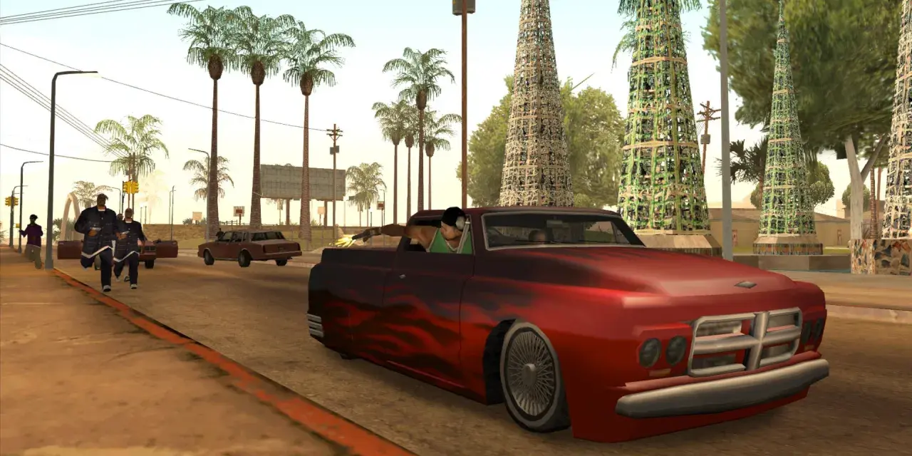 Postacie z GTA San Andreas, gra wydana w 2004 roku, uciekają przed policją w Los Santos.