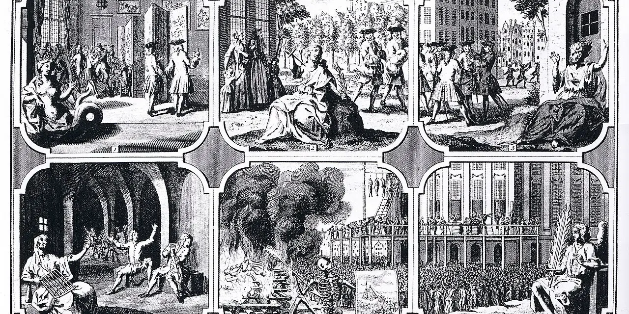 A series of engravings depicting historical punishments, possibly related to what is sodomy, showing trials, executions, and public shaming.