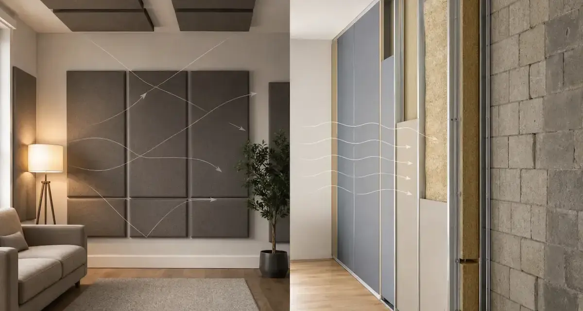 Differenza tra fonoassorbente e fonoisolante: pannelli a parete e soffitto assorbono il suono, mentre la struttura a muro blocca il rumore.