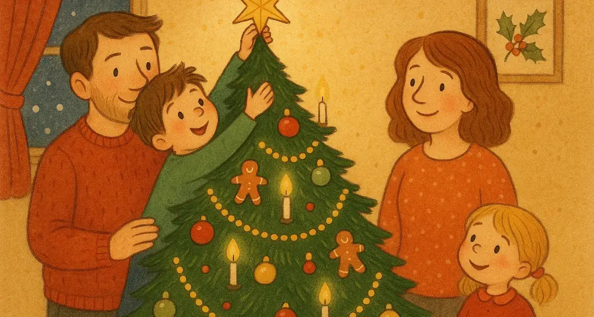 Familjen pyntar granen på julafton. En pojke sätter stjärnan i toppen, pappa hjälper till. Fakta om julafton: en tid för gemenskap.