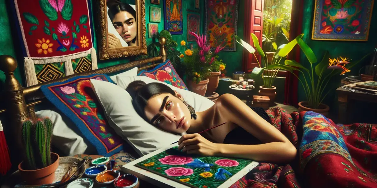 Frida Kahlo, dans son atelier coloré, peint son premier autoportrait, entourée de plantes et de textiles vibrants.