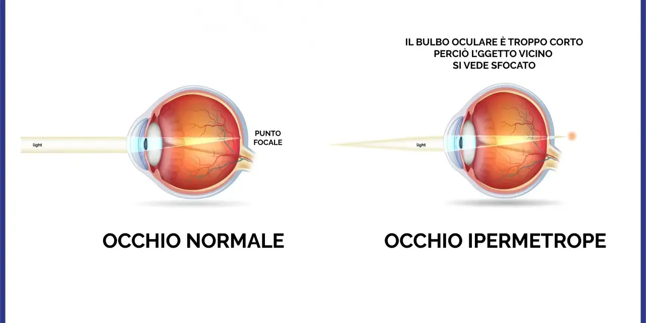 Confronto tra occhio normale e occhio ipermetrope: in quest'ultimo, il bulbo corto fa sì che l'oggetto vicino si veda sfocato.
