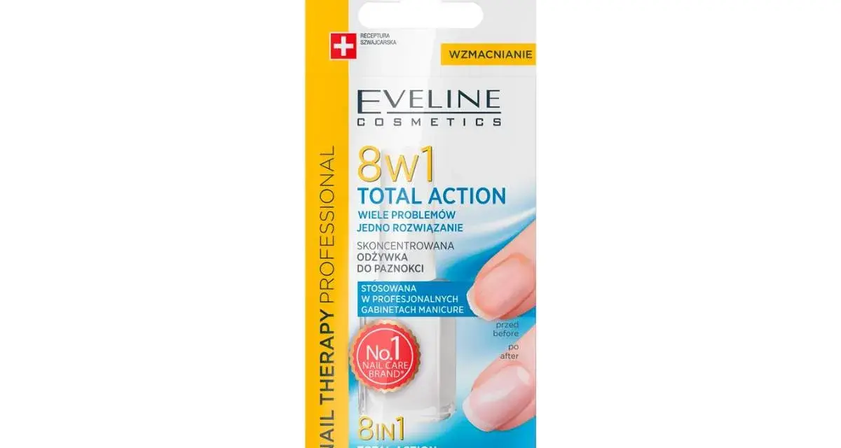 Eveline 8w1 Total Action – najlepsza odżywka do paznokci po hybrydzie. Wzmacnia i regeneruje, przywracając im zdrowy wygląd.