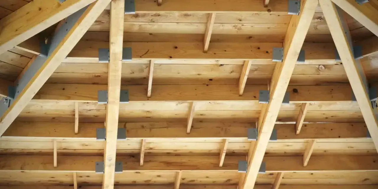 Widok od dołu na konstrukcję dachu z widocznymi belkami i krokwi. To strop drewniany, a nie betonowy.