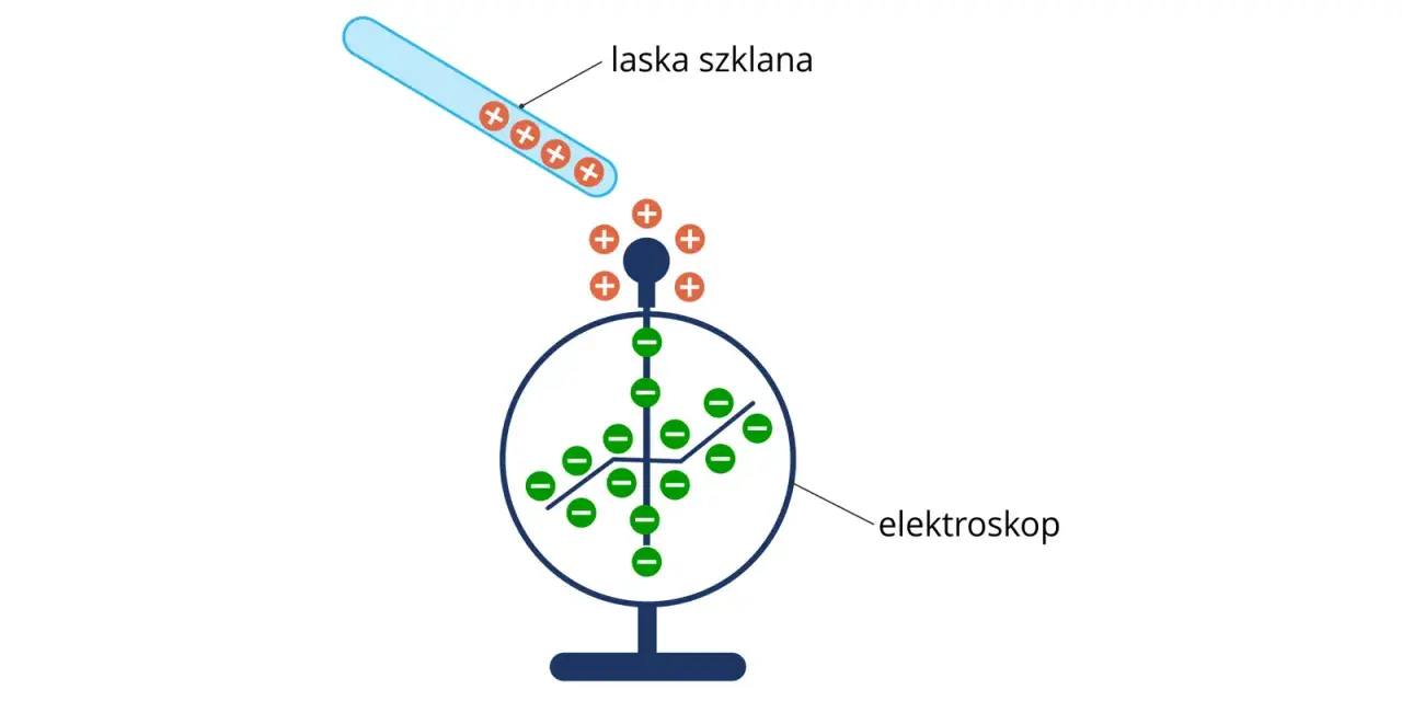 Szklana laska z ładunkami dodatnimi zbliża się do elektroskopu, powodując rozdzielenie ładunków w jego wnętrzu.