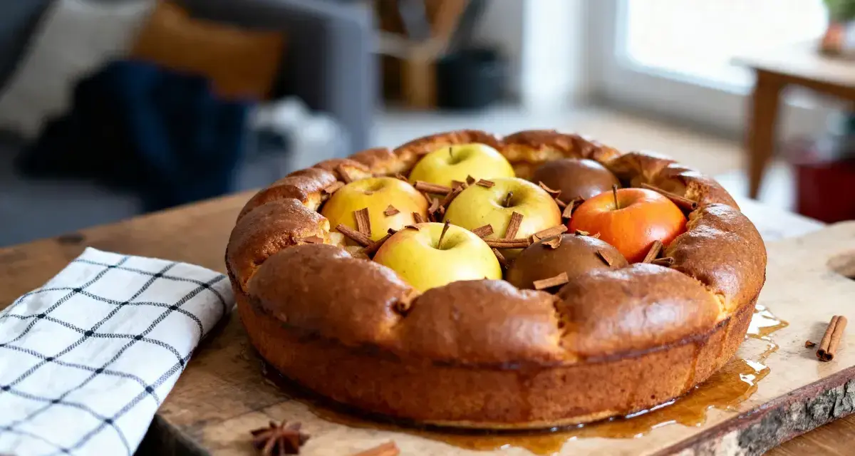 Une délicieuse flognarde aux pommes, dorée et garnie de fruits frais et de bâtons de cannelle, prête à être dégustée.
