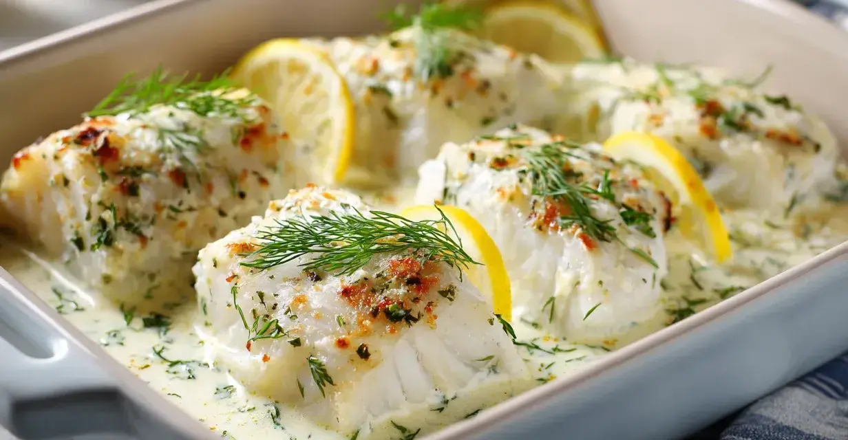 Ugnsbakad torskrygg i krämig sås med citron och dill. En härlig rätt som passar perfekt till middagen.