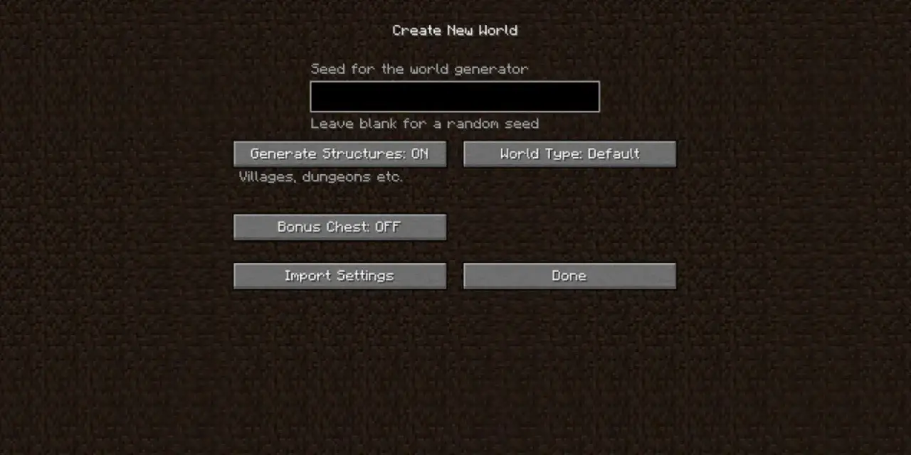 Pantalla de creación de mundo en Minecraft. Introduce tus semillas de Minecraft favoritas o deja en blanco para una aleatoria.