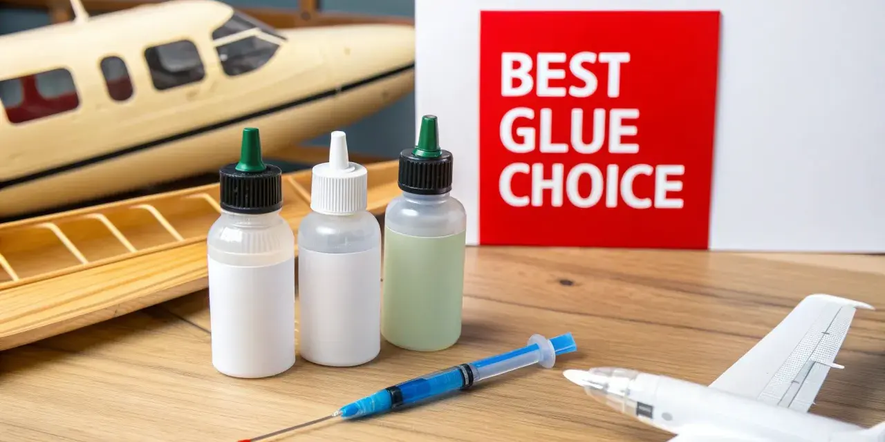 Three bottles of model glue and a syringe sit on a wooden surface next to model airplanes. A red sign reads "BEST GLUE CHOICE.