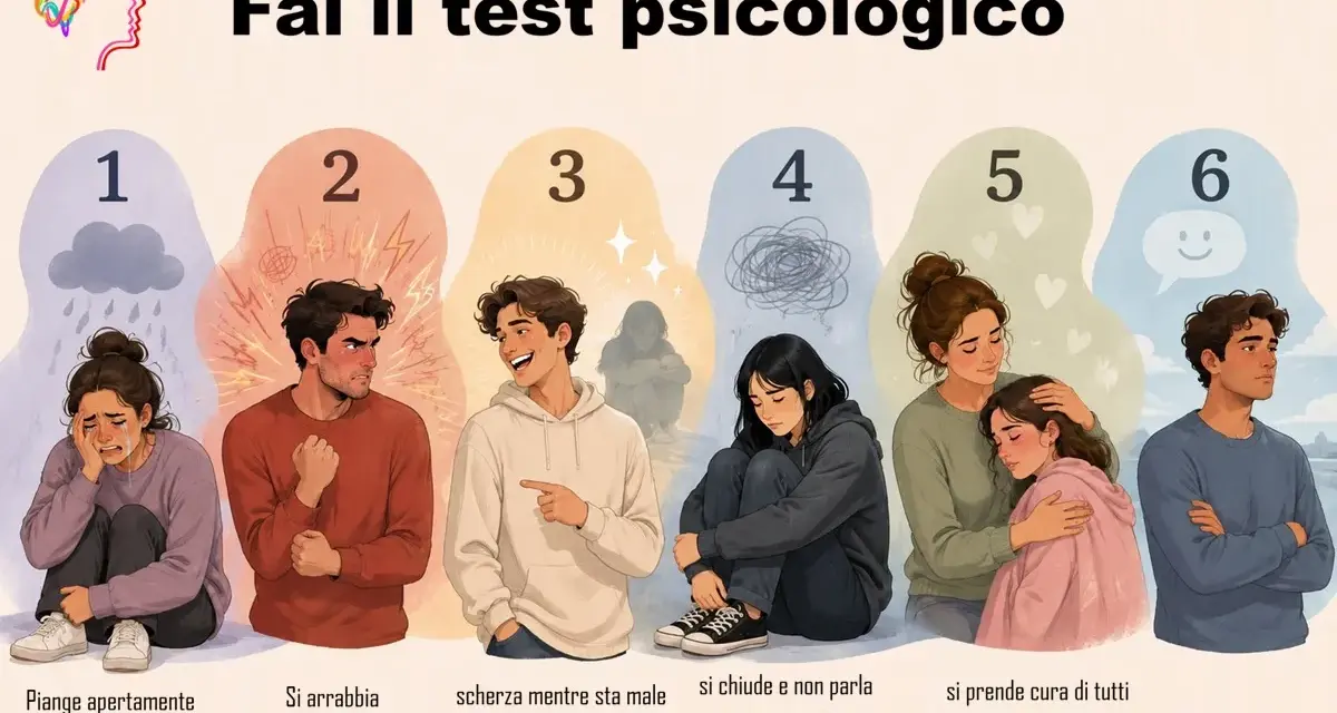 Illustrazione che mostra diverse reazioni emotive, da piangere a scherzare, utili per un test sulla depressione.