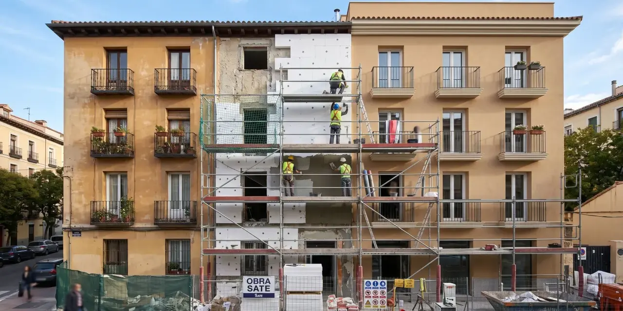 Obreros instalan aislamiento térmico en fachada de edificio. Se ve el **sate lana de roca** en bloques blancos, andamios y materiales de construcción.