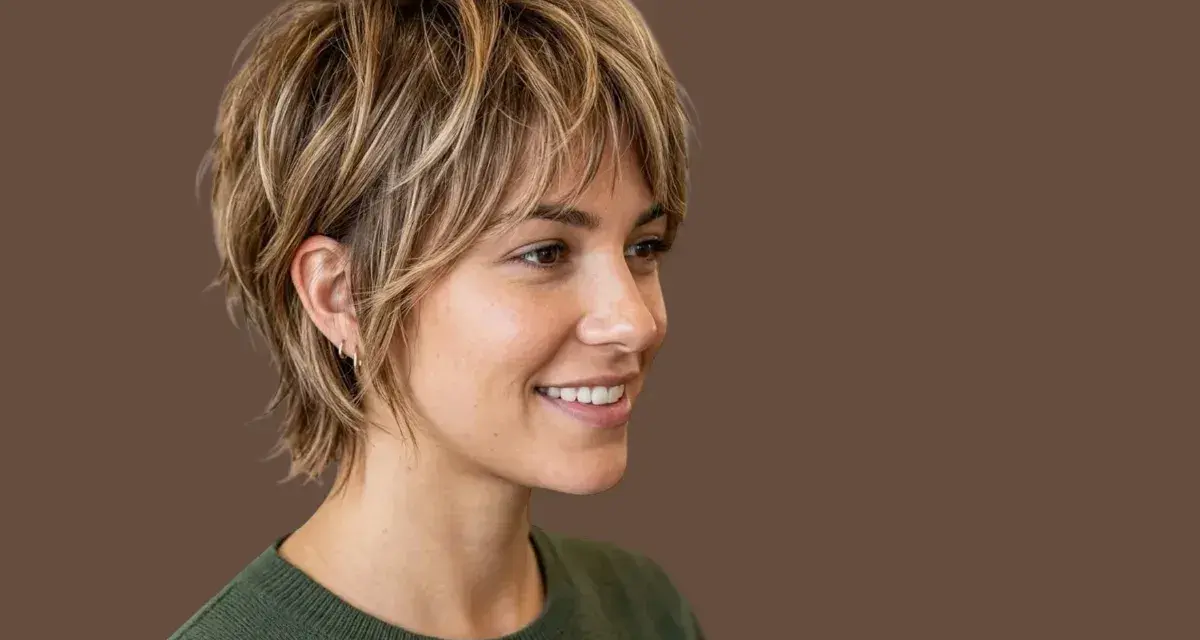 Donna con capelli scalati biondi, un taglio moderno che anticipa i tagli capelli 2025 medi. Sorriso radioso su sfondo marrone.