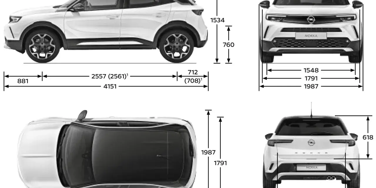 Opel Mokka wymiary: długość 4151 mm, szerokość 1791 mm, wysokość 1534 mm. Kompaktowy SUV z wyraźnymi proporcjami.