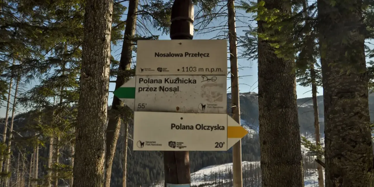 Droga przez Nosal na Nosalową Przełęcz (1103 m n.p.m.) prowadzi do Polany Kuźnickiej. Dalej do Polany Olczyskiej.