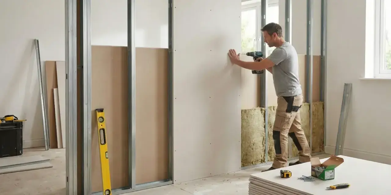 Un homme utilise une perceuse pour monter une cloison en placo sur une structure métallique. Des matériaux d'isolation sont visibles.